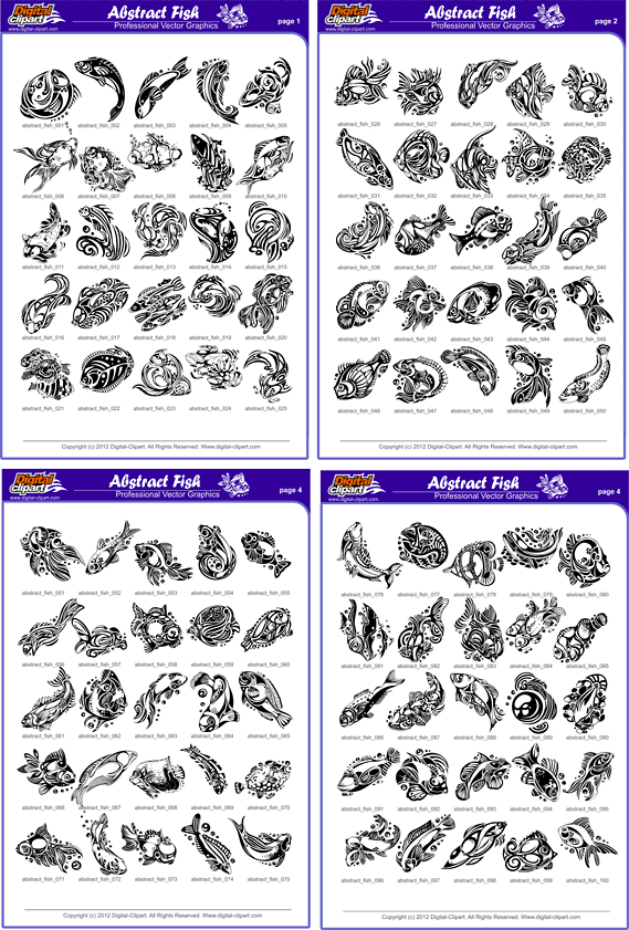 Abstract Fish - PDF - catalog. Cuttable vector clipart in EPS and AI formats. Vectorial Clip art for cutting plotters.