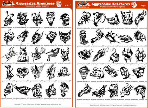 Aggressive Creatures - PDF - catalog. Cuttable vector clipart in EPS and AI formats. Vectorial Clip art for cutting plotters.