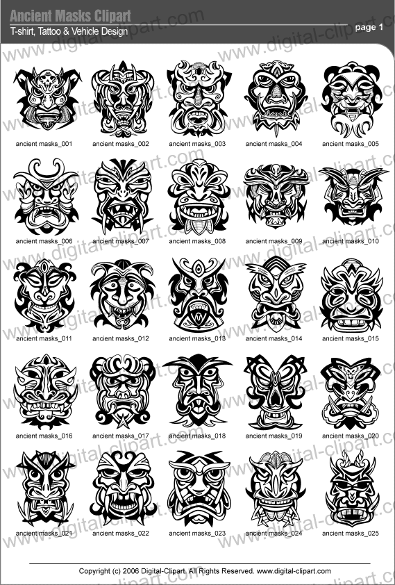 Ancient Masks. PDF - catalog. Cuttable vector clipart in EPS and AI formats. Vectorial Clip art for cutting plotters.