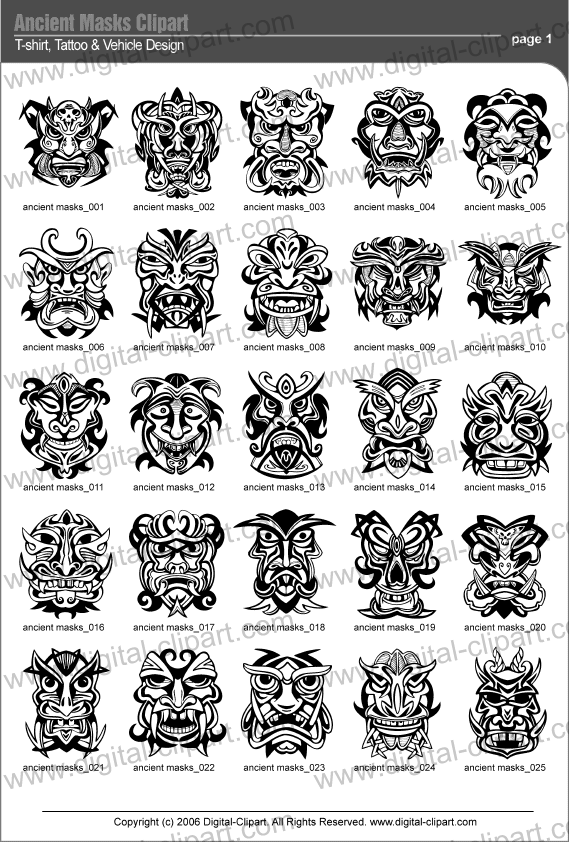 Ancient Masks PDF catalog Cuttable vector clipart in EPS and AI formats