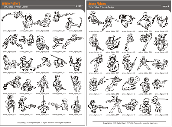 Anime Fighters. PDF - catalog. Cuttable vector clipart in EPS and AI formats. Vectorial Clip art for cutting plotters.