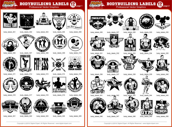 Bodybuilding Labels - PDF - catalog. Cuttable vector clipart in EPS and AI formats. Vectorial Clip art for cutting plotters.