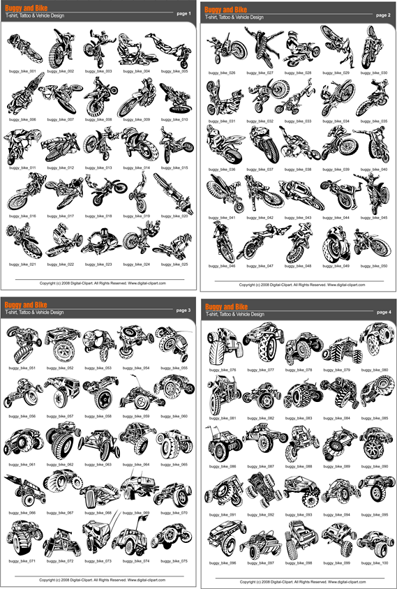 Buggy and Bike - PDF - catalog. Cuttable vector clipart in EPS and AI formats. Vectorial Clip art for cutting plotters.