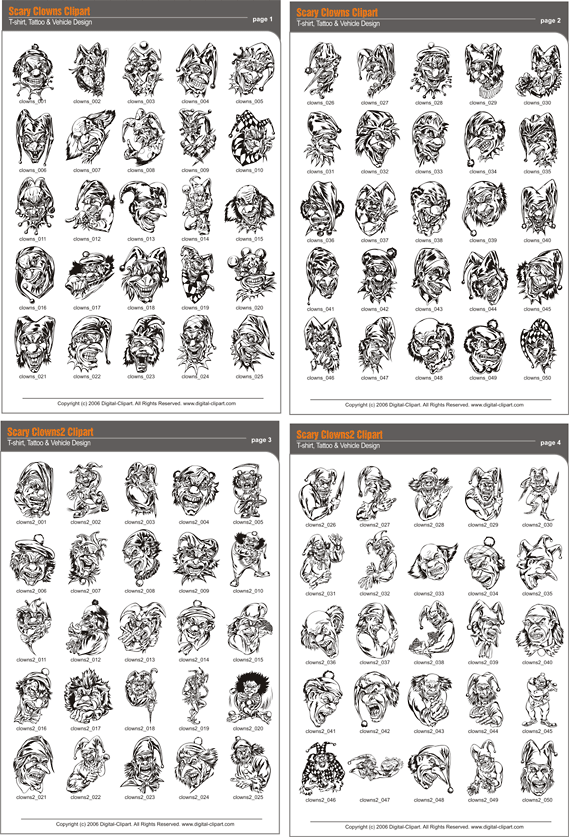 Scary Clowns. PDF - catalog. Cuttable vector clipart in EPS and AI formats.