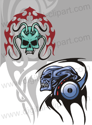 Cyber Skulls. Cuttable vector clipart in EPS and AI formats. Vectorial Clip art for cutting plotters.