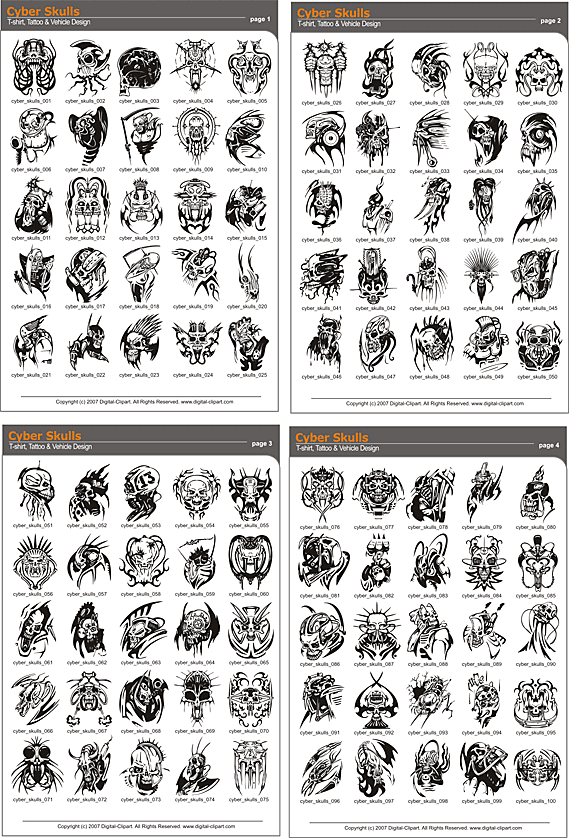 Cyber Skulls. PDF - catalog. Cuttable vector clipart in EPS and AI formats. Vectorial Clip art for cutting plotters.