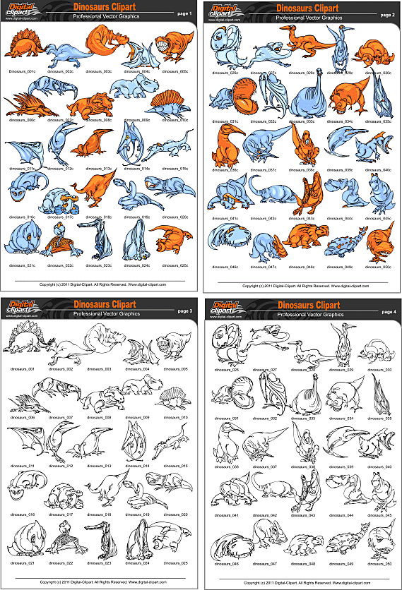 Dinosaurs. PDF - catalog. Cuttable vector clipart in EPS and AI formats. Vectorial Clip art for cutting plotters.
