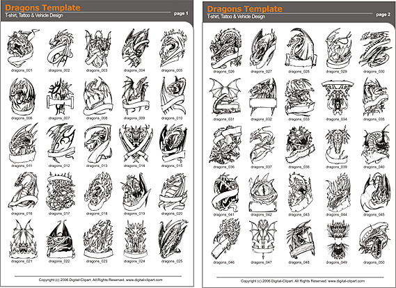 Dragon Templates. PDF - catalog. Cuttable vector clipart in EPS and AI formats. Vectorial Clip art for cutting plotters.