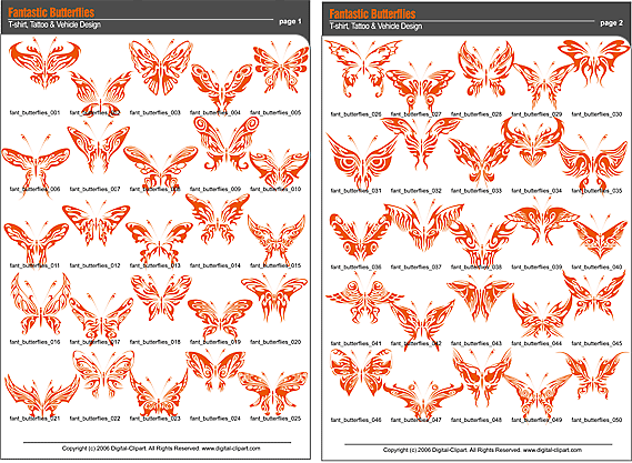 Fantastic Butterflies Clip Art. PDF - catalog. Cuttable vector clipart in EPS and AI formats. Vectorial Clip art for cutting plotters.
