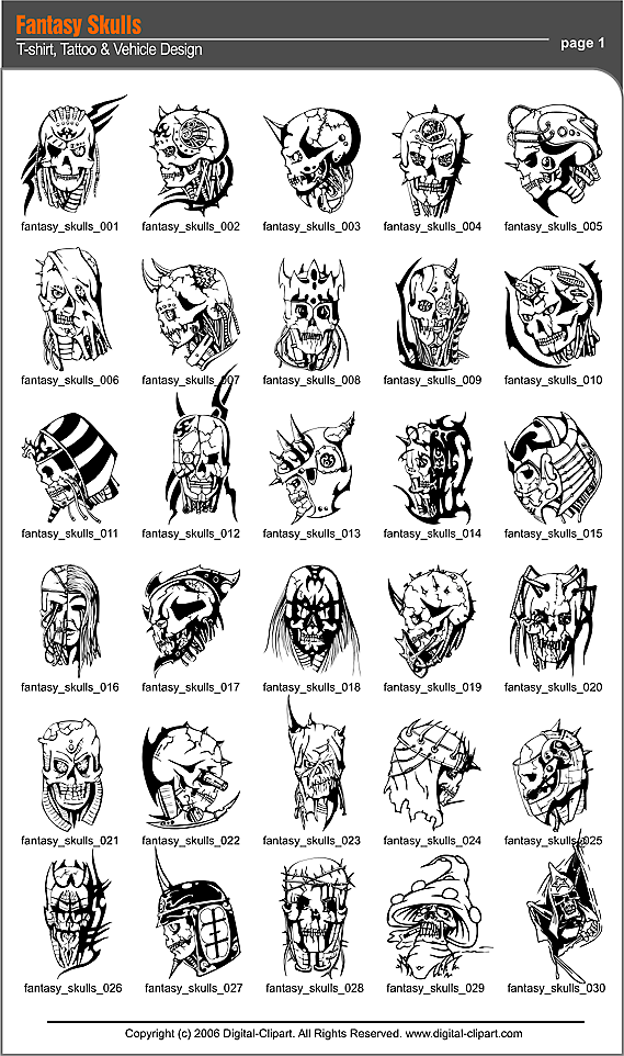 Fantasy Cyber Skulls - PDF - catalog. Cuttable vector clipart in EPS and AI formats. Vectorial Clip art for cutting plotters.