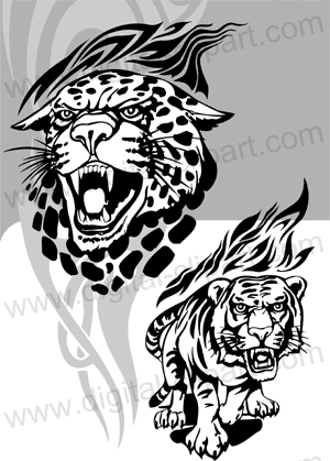 Flaming Big Cats - Cuttable vector clipart in EPS and AI formats. Vectorial Clip art for cutting plotters.