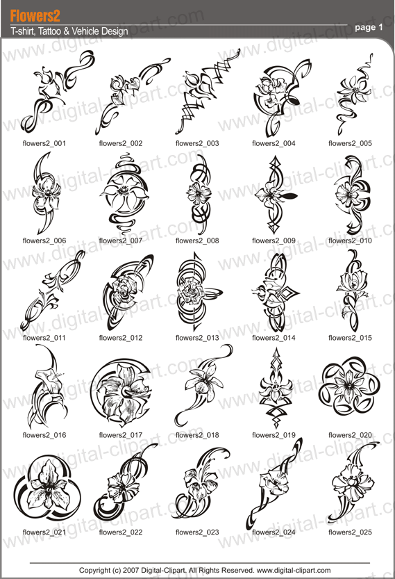 Flowers 2. PDF - catalog. Cuttable vector clipart in EPS and AI formats. Vectorial Clip art for cutting plotters.