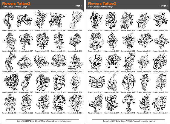 Flowers Tattoo 2 - PDF - catalog. Cuttable vector clipart in EPS and AI formats. Vectorial Clip art for cutting plotters.