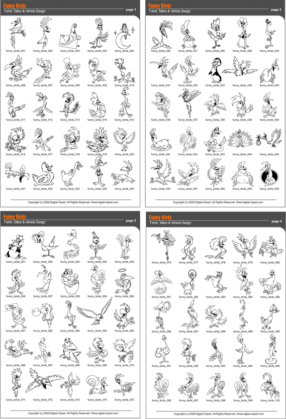 Funny Birds Clipart - PDF - catalog. Cuttable vector clipart in EPS and AI formats. Vectorial Clip art for cutting plotters.