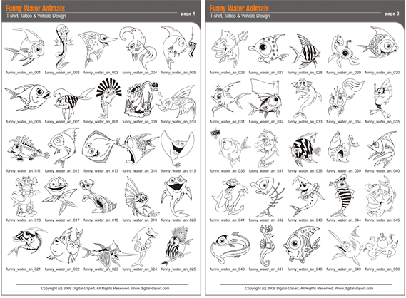 Funny Water Animals - PDF - catalog. Cuttable vector clipart in EPS and AI formats. Vectorial Clip art for cutting plotters.