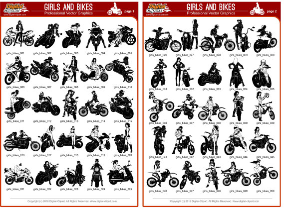 Girls and Bikes - PDF - catalog. Cuttable vector clipart in EPS and AI formats. Vectorial Clip art for cutting plotters.