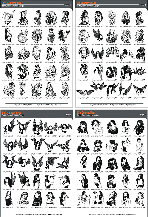 Girls Compositions - PDF - catalog. Cuttable vector clipart in EPS and AI formats. Vectorial Clip art for cutting plotters.