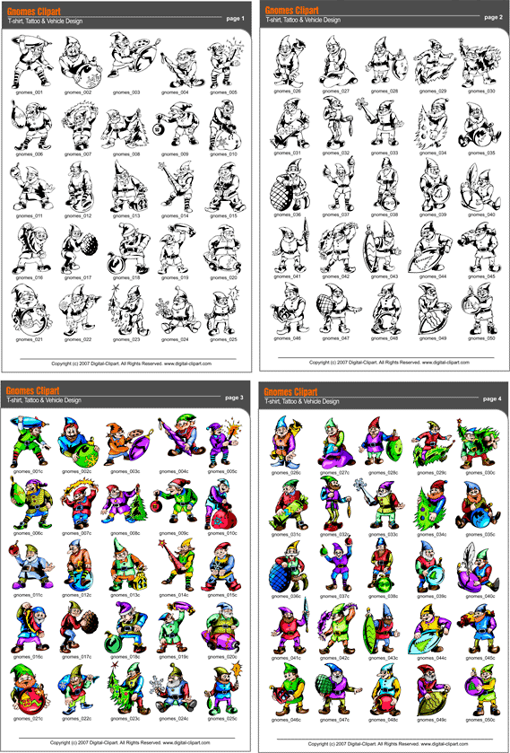 Gnomes Clipart - PDF - catalog. Cuttable vector clipart in EPS and AI formats. Vectorial Clip art for cutting plotters.