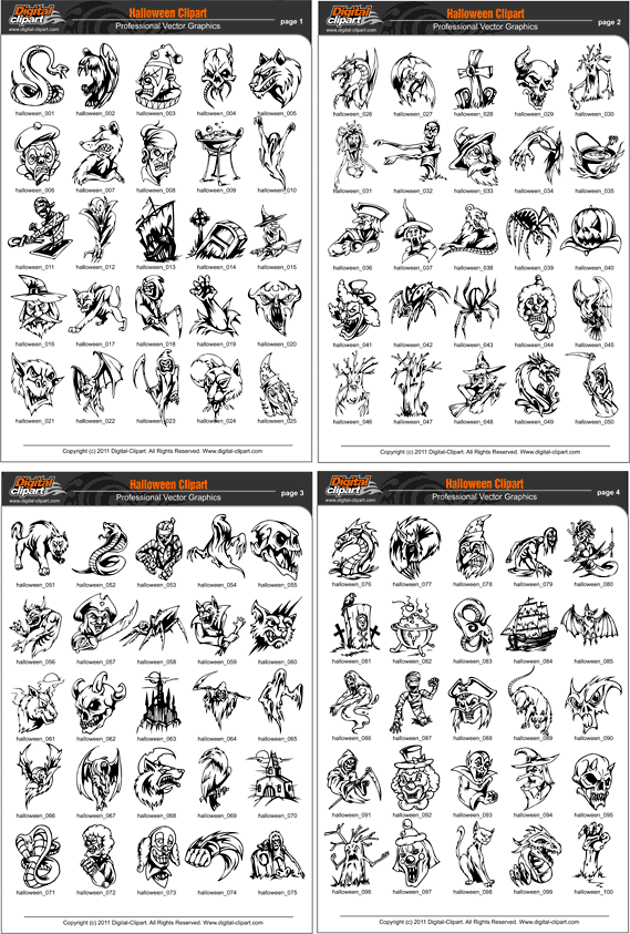 Halloween Clipart - PDF - catalog. Cuttable vector clipart in EPS and AI formats. Vectorial Clip art for cutting plotters.