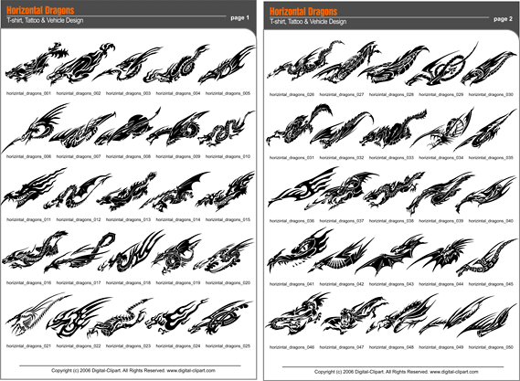 Horizontal Dragons - PDF - catalog. Cuttable vector clipart in EPS and AI formats. Vectorial Clip art for cutting plotters.