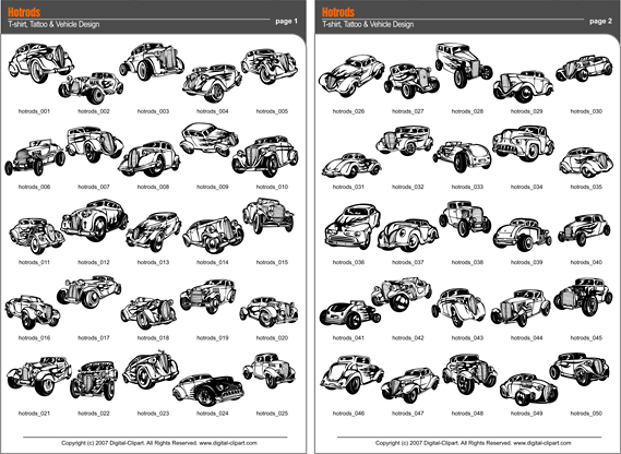 Hotrods Clipart - PDF - catalog. Cuttable vector clipart in EPS and AI formats. Vectorial Clip art for cutting plotters.