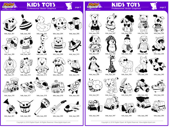 Kids Toys - PDF - catalog. Cuttable vector clipart in EPS and AI formats. Vectorial Clip art for cutting plotters.