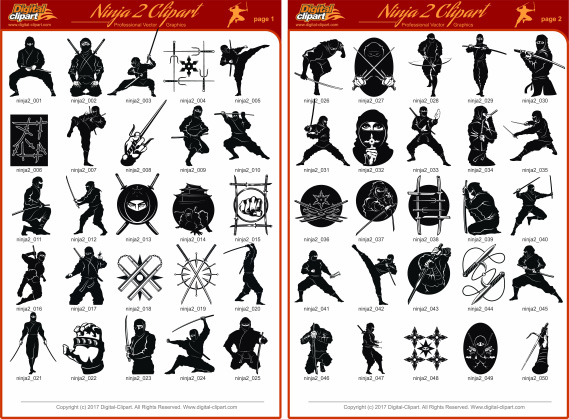Ninja Clipart. PDF - catalog. Cuttable vector clipart in EPS and AI formats. Vectorial Clip art for cutting plotters.