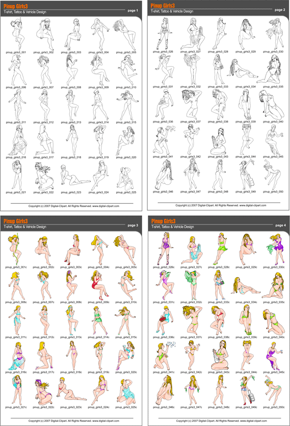 Pinup Girls 3  - PDF - catalog. Cuttable vector clipart in EPS and AI formats. Vectorial Clip art for cutting plotters.
