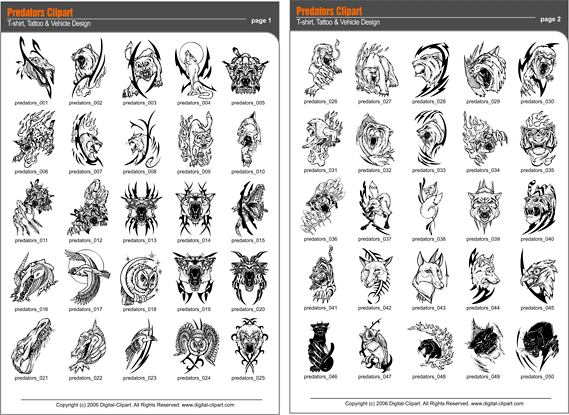 Predators. PDF - catalog. Cuttable vector clipart in EPS and AI formats. Vectorial Clip art for cutting plotters.