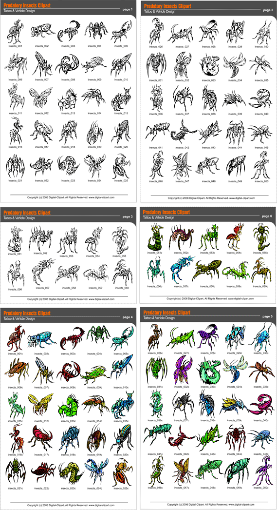 Insects Predators. PDF - catalog. Cuttable vector clipart in EPS and AI formats. Vectorial Clip art for cutting plotters.
