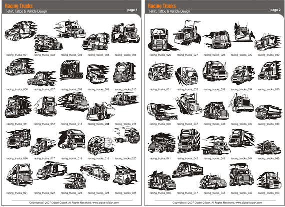 Racing Trucks. PDF - catalog. Cuttable vector clipart in EPS and AI formats. Vectorial Clip art for cutting plotters.