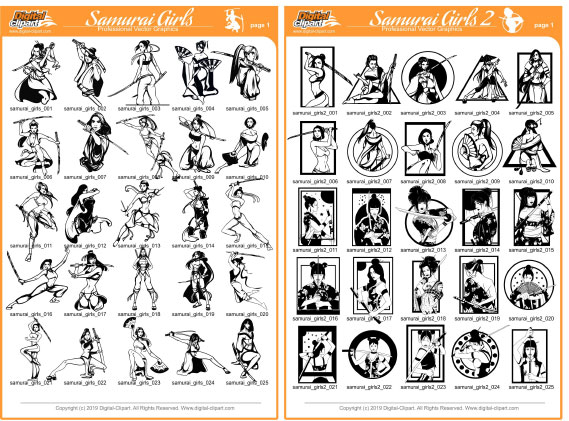 Samurai Girls  - PDF - catalog. Cuttable vector clipart in EPS and AI formats. Vectorial Clip art for cutting plotters.