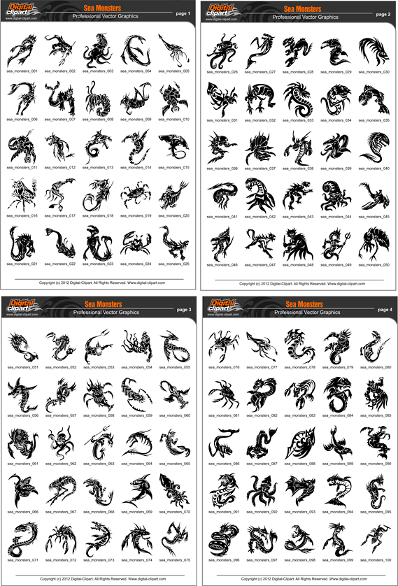 Sea Monsters. PDF - catalog. Cuttable vector clipart in EPS and AI formats. Vectorial Clip art for cutting plotters.