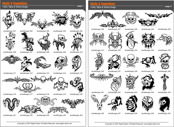 Skulls and Vegetation - PDF - catalog. Cuttable vector clipart in EPS and AI formats. Vectorial Clip art for cutting plotters.