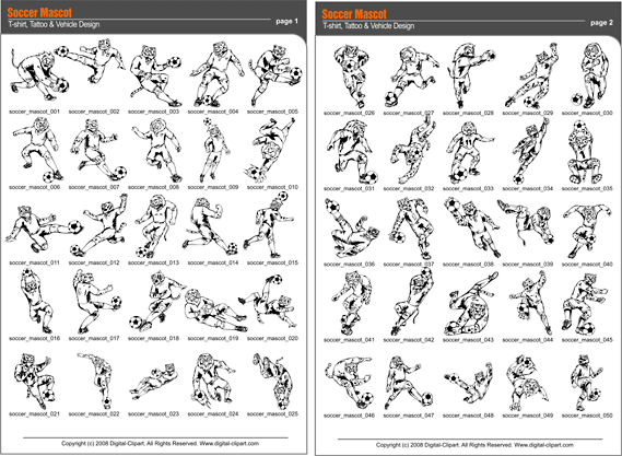 Soccer Mascot - PDF - catalog. Cuttable vector clipart in EPS and AI formats. Vectorial Clip art for cutting plotters.