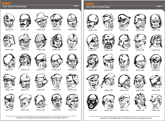 Heads of soldiers - PDF - catalog. Cuttable vector clipart in EPS and AI formats. Vectorial Clip art for cutting plotters.