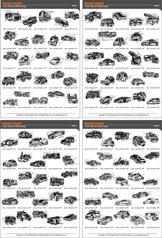 Special Transport - PDF - catalog. Cuttable vector clipart in EPS and AI formats. Vectorial Clip art for cutting plotters.