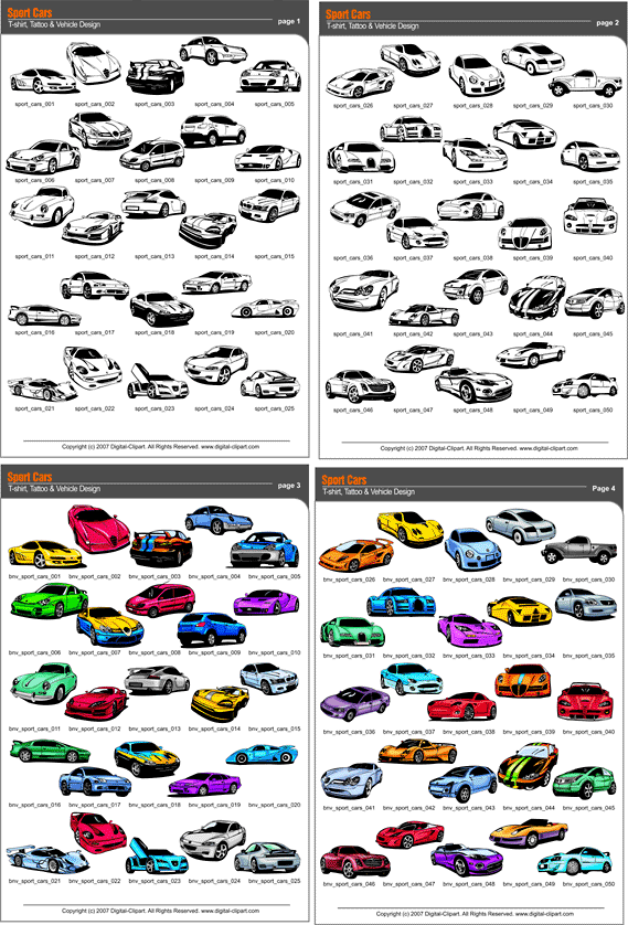 Sport Cars - PDF - catalog. Cuttable vector clipart in EPS and AI formats. Vectorial Clip art for cutting plotters.