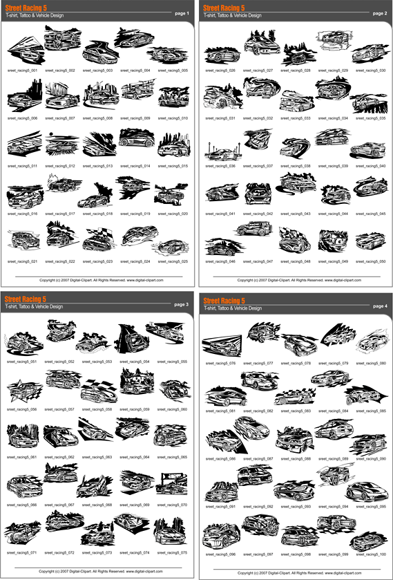 Street Racing 5 - PDF - catalog. Cuttable vector clipart in EPS and AI formats. Vectorial Clip art for cutting plotters.