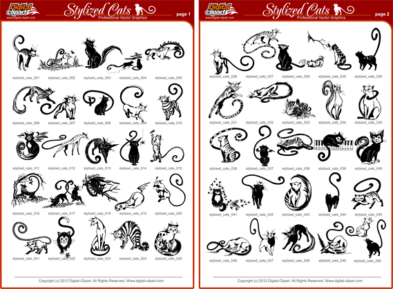 Stylized Cats - PDF - catalog. Cuttable vector clipart in EPS and AI formats. Vectorial Clip art for cutting plotters.