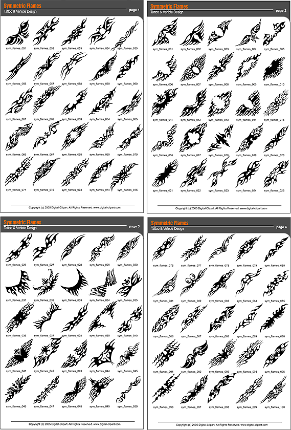 Symmetric Flames Clip Art. PDF - catalog. Cuttable vector clipart in EPS and AI formats. Vectorial Clip art for cutting plotters.