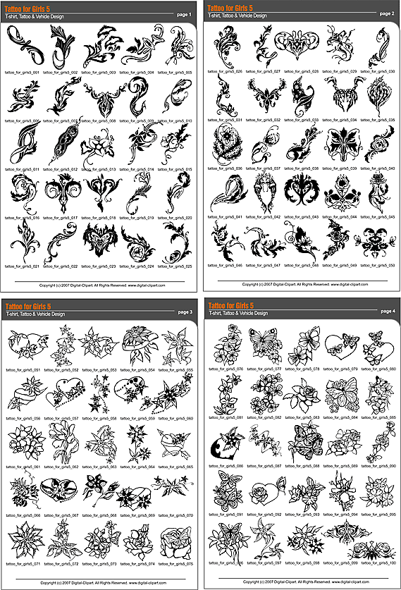 Tattoo for Girls 5 - PDF - catalog. Cuttable vector clipart in EPS and AI formats. Vectorial Clip art for cutting plotters.
