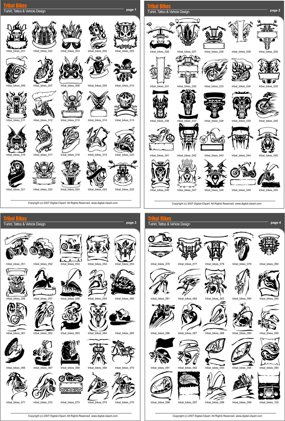 Tribal Bikes - PDF - catalog. Cuttable vector clipart in EPS and AI formats. Vectorial Clip art for cutting plotters.