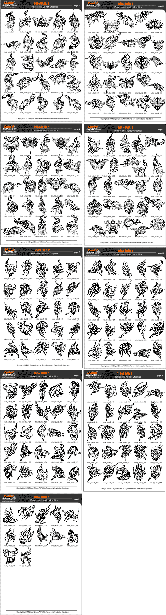 Tribal Bulls 2 - PDF - catalog. Cuttable vector clipart in EPS and AI formats. Vectorial Clip art for cutting plotters.