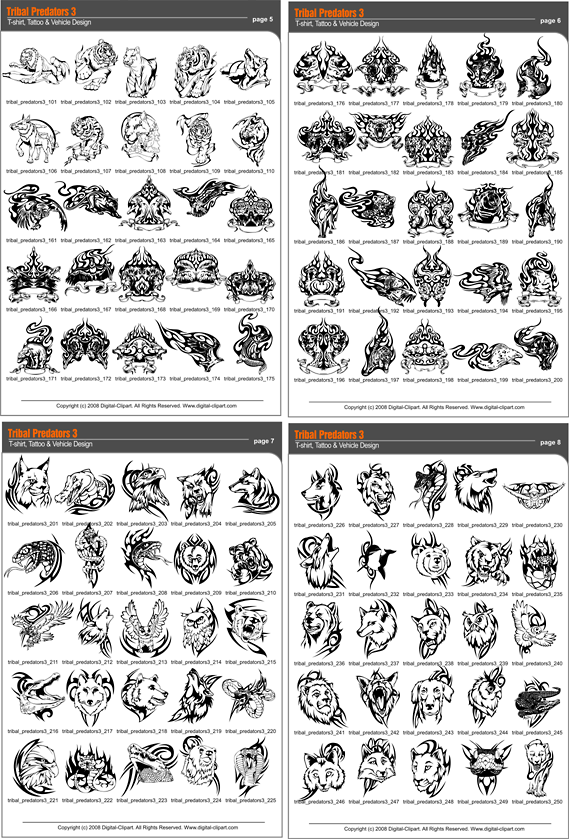 Tribal Predators. PDF - catalog. Cuttable vector clipart in EPS and AI formats. Vectorial Clip art for cutting plotters.
