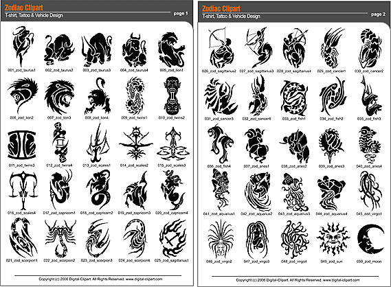 Tribal Zodiac. PDF - catalog. Cuttable vector clipart in EPS and AI formats. Vectorial Clip art for cutting plotters.