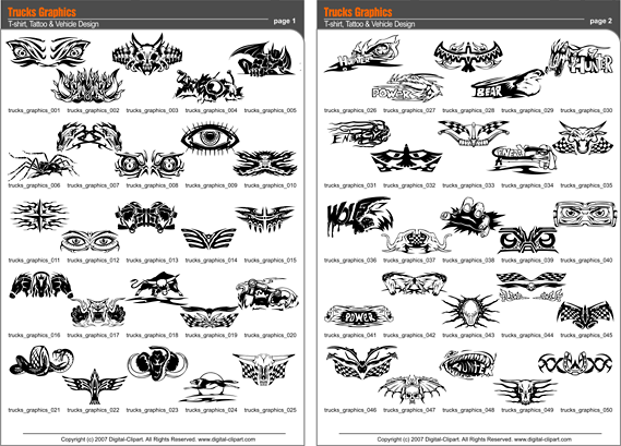 Trucks Graphics. PDF - catalog. Cuttable vector clipart in EPS and AI formats. Vectorial Clip art for cutting plotters.