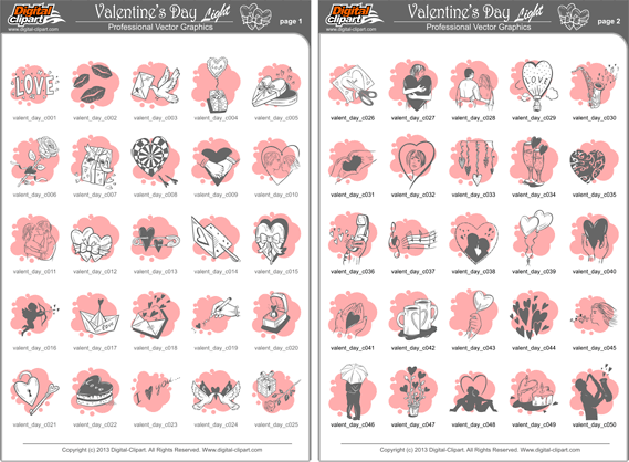 Valentine's Day Light - PDF - catalog. Cuttable vector clipart in EPS and AI formats. Vectorial Clip art for cutting plotters.
