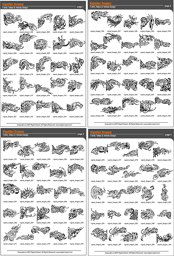 Vignettes Dragons. PDF - catalog. Cuttable vector clipart in EPS and AI formats. Vectorial Clip art for cutting plotters.