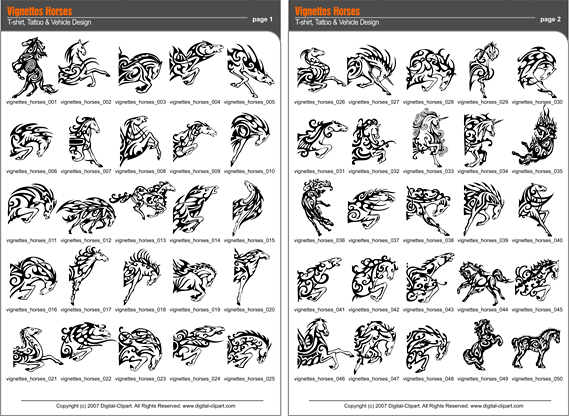 Vignettes Horses. PDF - catalog. Cuttable vector clipart in EPS and AI formats. Vectorial Clip art for cutting plotters.